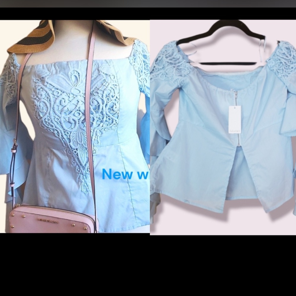 Lulumari blue lace embroidered off shoulder flutter